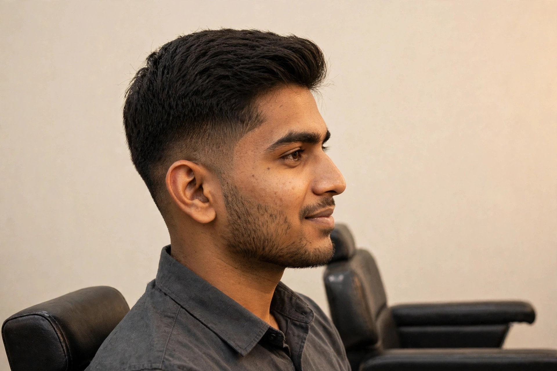 Same man with clean textured haircut after visit